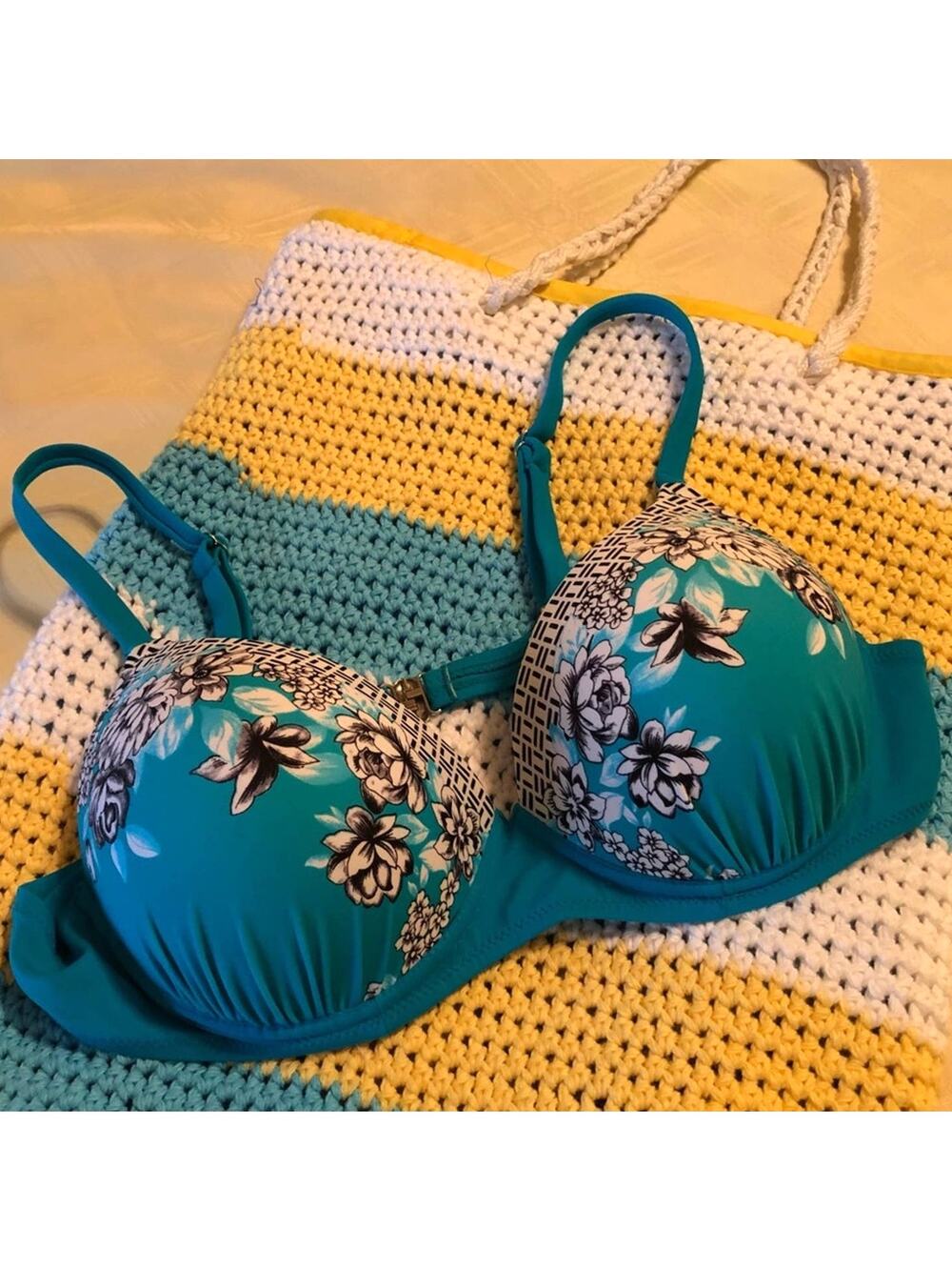 Turquoise Padded Bikini Top White Flowers US 12/13